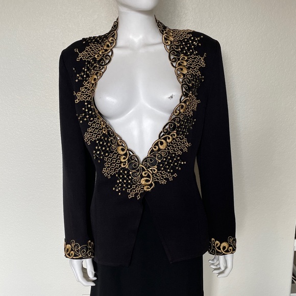 Vintage 90’s Black Gold Long Sleeve Collar appliqué Glam Blazer Jacket CasaDei - Picture 2 of 14